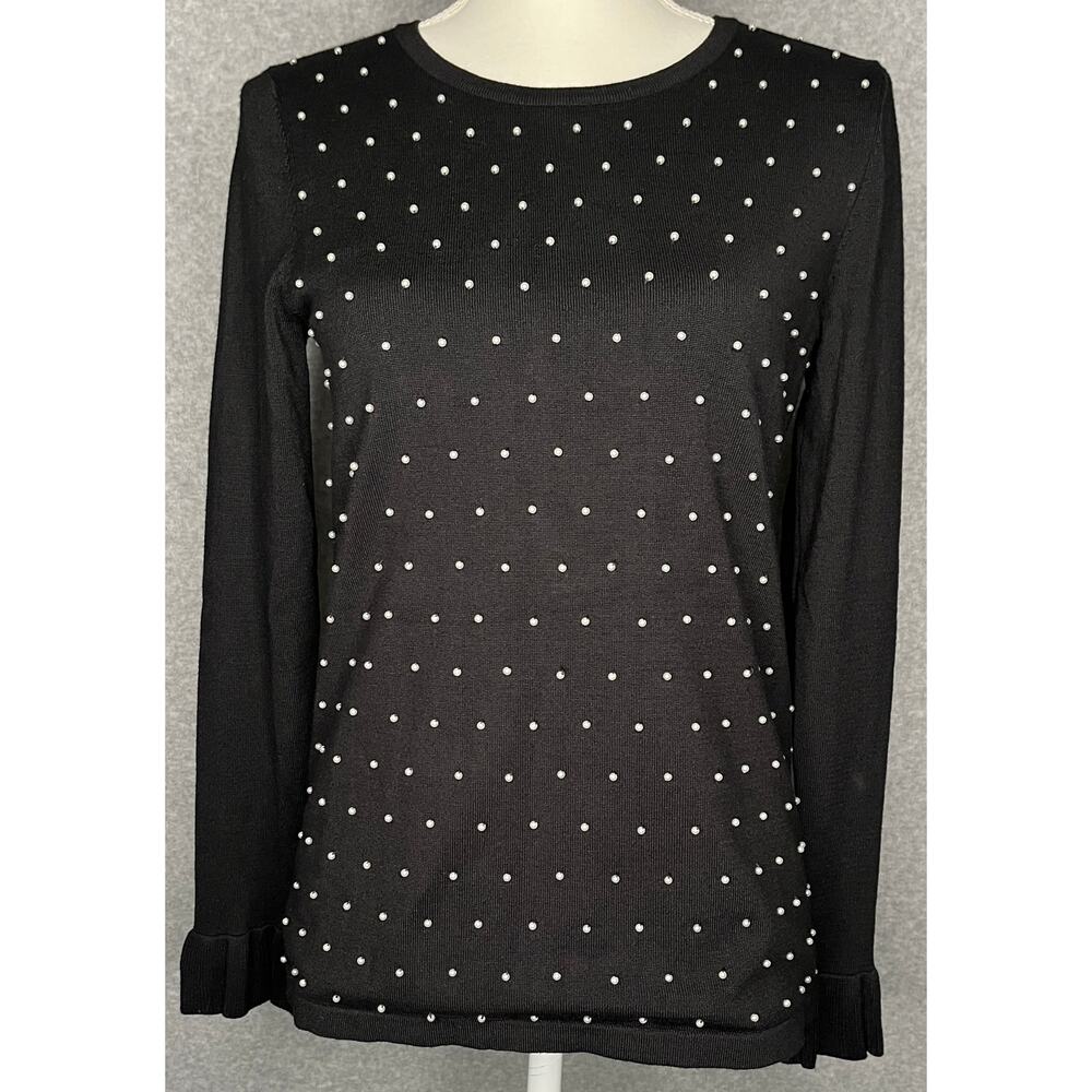 Karl Lagerfled Paris black pullover sweater long sleeve white beading Petite XS